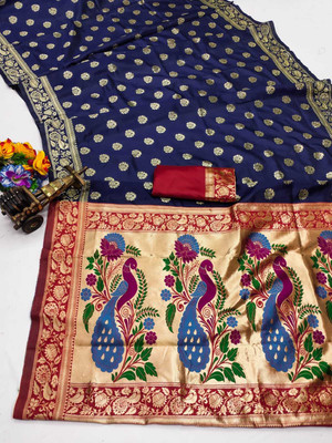 signagraph Woven, Animal Print Paithani Pure Silk Saree(Dark Blue)