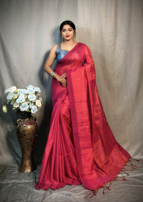 RIDDHIMAN FASHION Solid/Plain Handloom Tissue Saree(Pink)