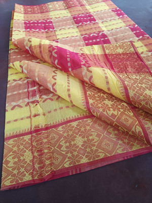 Balika bodhu Woven Tant Pure Cotton Saree(Yellow, Red)