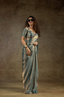 ShopGlobal Embellished Bollywood Satin, Chiffon Saree(Light Blue)
