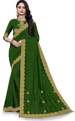 Kaan Self Design, Embroidered, Applique Assam Silk Silk Blend Saree(Green)