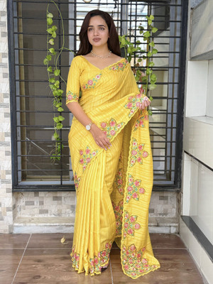 HouseOfCommon Embroidered Bollywood Tussar Silk Saree(Yellow)