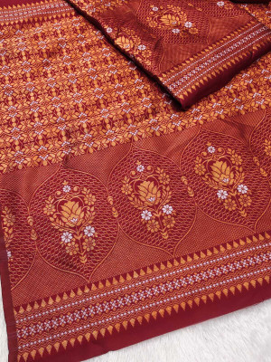KC CREATION Woven, Self Design Mekhela Chador Cotton Blend Saree(Brown)
