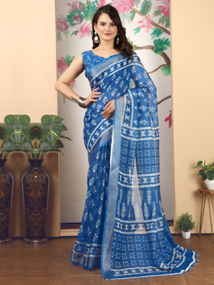 Anouk Rustic Printed Daily Wear Cotton Linen Saree(Dark Blue)