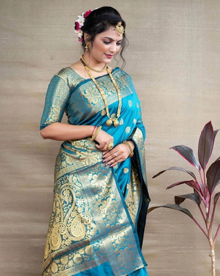 KING VULTURE Woven, Self Design Banarasi Jacquard, Cotton Silk Saree(Light Blue)