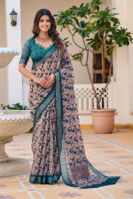 Moda Rapido Printed Daily Wear Cotton Linen Saree(Blue)