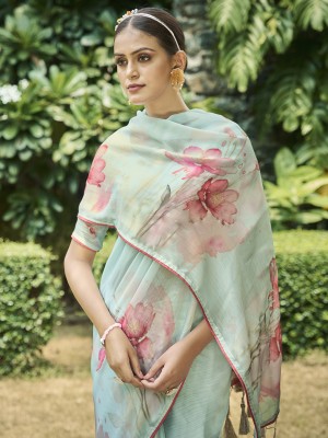 Tasrika Digital Print Bollywood Satin Saree(Light Green)