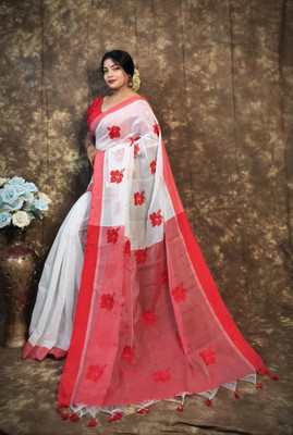 Parbati fashion Self Design Jamdani Cotton Silk Saree(Silver)