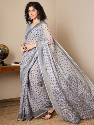 Sareemall Printed Banarasi Linen Saree(Grey)