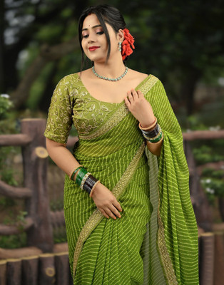 Satrani Printed, Embroidered, Embellished Leheria Chiffon, Georgette Saree(Green)