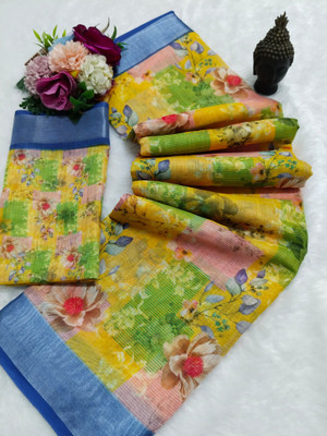Gajal Printed Kanjivaram Linen, Cotton Linen Saree(Multicolor)