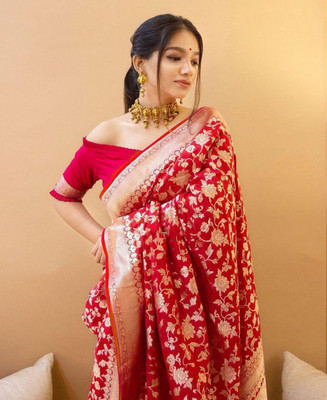 Rudr Venture Digital Print Banarasi Silk Blend Saree(Red)