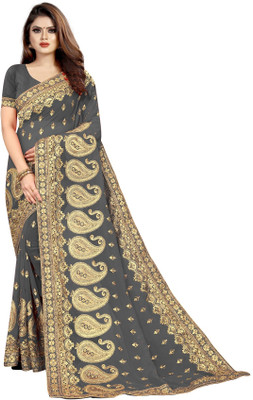 b bella creation Self Design, Embroidered Bollywood Georgette Saree(Grey, Gold)