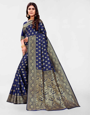 Pari Prints Woven Banarasi Cotton Silk, Jacquard Saree(Dark Blue)