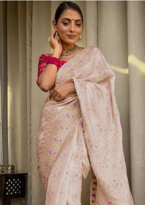 Leafora Hand Painted Banarasi Pure Cotton Saree(Cream)