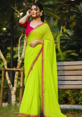 BK COLLECTION Solid/Plain Bollywood Georgette Saree(Yellow)