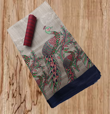 Gugaliya Printed Madhubani Cotton Blend, Art Silk Saree(Multicolor)