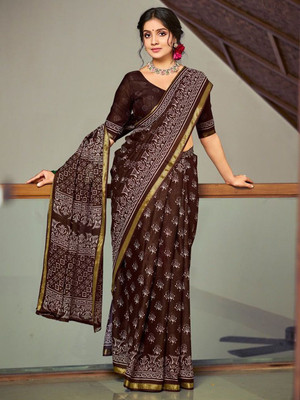 all about you Printed Daily Wear Silk Blend Saree(Brown)