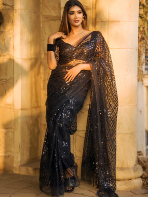 odette Embellished Saree with Attached Blouse Net Saree(Black)