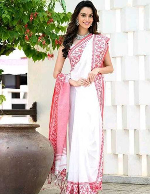 Puspa Fashion Self Design Handloom Cotton Blend Saree(Red)