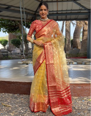 Satrani Woven, Self Design, Embellished Banarasi Organza, Silk Blend Saree(Yellow)