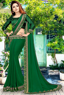 Offirra International Temple Border Banarasi Lycra Blend, Chiffon Saree(Green)