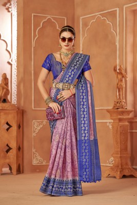 VILLAGIUS Digital Print, Blocked Printed, Geometric Print, Woven Ikkat Cotton Silk Saree(Purple)