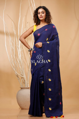 Bong ButiQ Embroidered Handloom Cotton Blend Saree(Dark Blue)