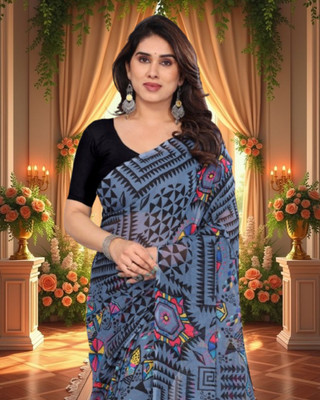 Jayu Floral Print Bollywood Georgette Saree(Grey)