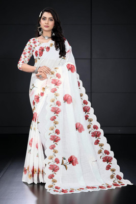 Myraani Floral Print Kantha Cotton Linen Saree(Multicolor)