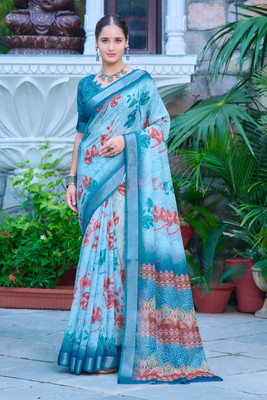 Moda Rapido Printed Daily Wear Cotton Linen Saree(Light Green)