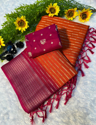 RAAVIENTERPRISE Ombre, Striped, Embellished Mysore Silk Blend Saree(Orange)