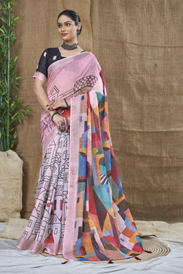 HouseOfCommon Printed Sambalpuri Pure Cotton Saree(Pink)