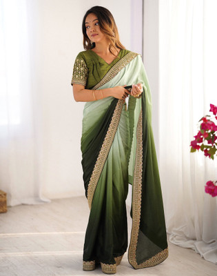 Satrani Embellished Bollywood Silk Blend Saree(Green)
