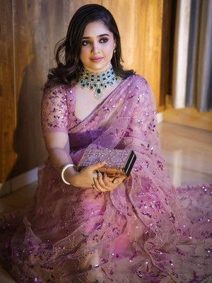 ShivGori Fab Embroidered Bollywood Net Saree(Pink)
