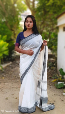 SSK Applique, Solid/Plain Bollywood Handloom Cotton Blend Saree(White)