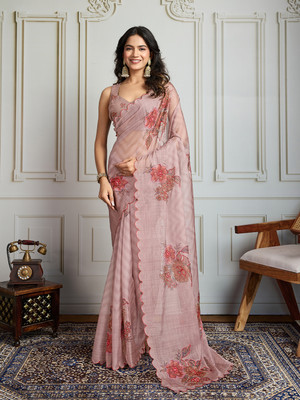 House of Pataudi Embroidered Saree with Attached Blouse Organza Saree(Pink)