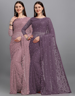 LOROFY Self Design Bollywood Net Saree(Pack of 2, Multicolor)