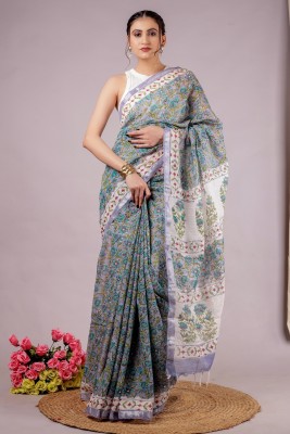 RP CREATION Printed Daily Wear Cotton Linen Saree(Grey)