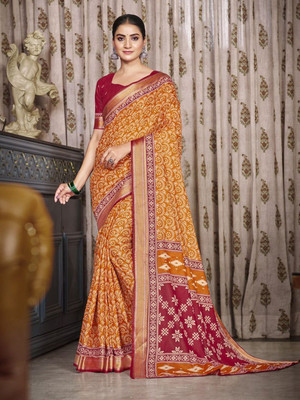 all about you Printed Daily Wear Silk Blend Saree(Orange)