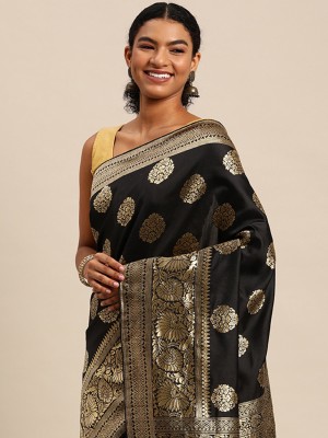 Leeza Store Woven Banarasi Silk Blend Saree(Black)