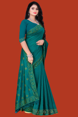 SHIVAYFAB Embellished Banarasi Chanderi, Chiffon Saree(Dark Green)