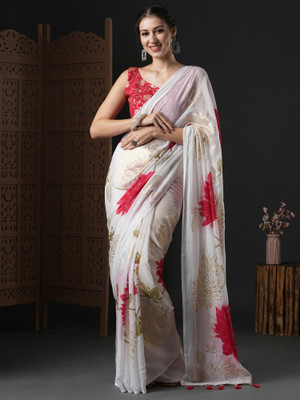Sareemall Printed Bollywood Georgette Saree(White)