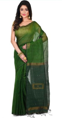 Kumaresh Creation Woven Handloom Cotton Silk Saree(Dark Green)