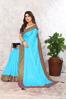 AKHUGA Solid/Plain Bollywood Cotton Blend Saree(Blue)