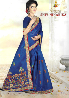 RANJANA CREATION Embroidered Tant Pure Cotton Saree(Blue)