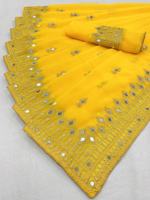 Disha Fashion Embellished Banarasi Georgette, Silk Blend Saree(Yellow)