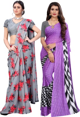 Priyashi Printed Daily Wear Georgette Saree(Pack of 2, Purple)