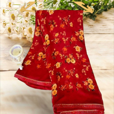 Majisasari Printed Bandhani Chiffon Saree(Red)