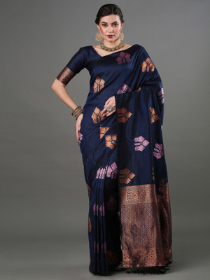 Sareemall Printed Tant Silk Blend Saree(Dark Blue)